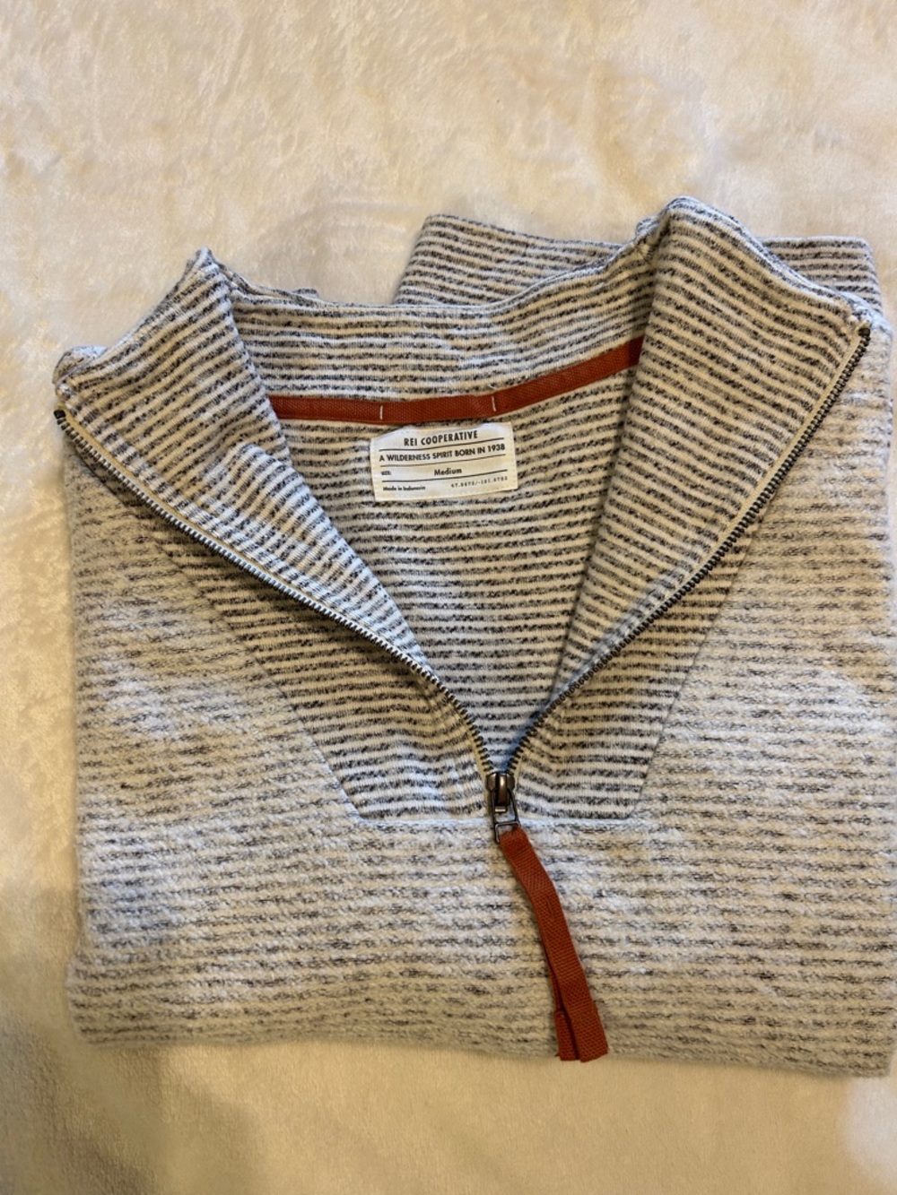 REI Cooperative Gray Striped Zip-Up Sweater with Rust Accents